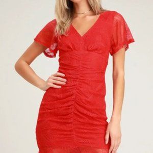 Lulu's Red Lace Ruched Bodycon Dress
